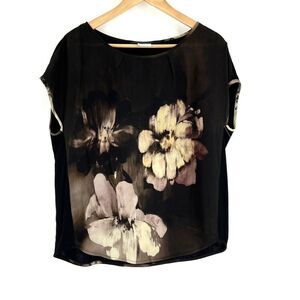 Blue Les Copains Blouse Size 48 Womens Brown Silk Dolman Sleeve Floral Print Top